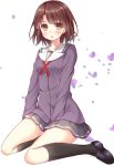  1girl blush brown_hair collarbone hypertan katou_megumi long_sleeves open_mouth petals saenai_heroine_no_sodatekata school_uniform short_hair skirt solo yellow_eyes 