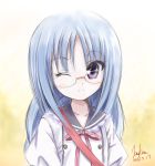  1girl blue_hair glasses highres kem_kem long_hair nagatsuka_saki rou-kyuu-bu! school_uniform smile solo violet_eyes wink 