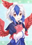  1girl ahoge animal_ears blue_hair book clover colored_pencil_(medium) four-leaf_clover head_wings heart holding holding_book horns kittona long_sleeves millipen_(medium) multicolored_hair open_mouth red_eyes short_hair silver_hair smile solo tokiko_(touhou) touhou traditional_media two-tone_hair watercolor_pencil_(medium) wings 