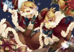  1boy 1girl blonde_hair blue_eyes bow breath brother_and_sister christmas domco gloves hair_ornament hairclip hat hat_removed headwear_removed kagamine_len kagamine_rin open_mouth ribbon short_hair siblings smile twins vocaloid wink 