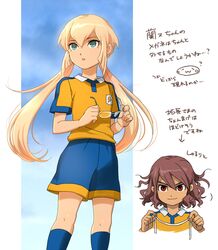  2boys blonde_hair brown_hair fusion glasses glasses_removed green_eyes hair_down inazuma_eleven_(series) inazuma_eleven_go inazuma_eleven_go_chrono_stone jeanne_d&#039;arc_(inazuma_eleven) kirino_ranmaru lightning_bolt long_hair male mizuhara_aki multiple_boys no_pupils oda_nobunaga_(inazuma_eleven) raimon red_eyes shindou_takuto soccer_uniform standing translation_request twintails 