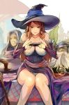 1girl 2boys beard breasts cleavage cup dragon&#039;s_crown dwarf_(dragon&#039;s_crown) facial_hair final girls_playing_games hat large_breasts outdoors panties pantyshot playing_games playstation_vita redhead sitting smirk sorceress_(dragon&#039;s_crown) spilling staff table underwear wine_glass witch_hat wizard_(dragon&#039;s_crown) 