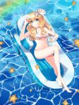  1girl barefoot bikini blonde_hair blue_eyes cup drink legs long_hair navel ocean original smile solo starfish swimsuit 