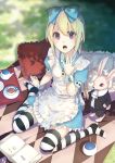  1girl alice_(wonderland) alice_in_wonderland apron arm_support blonde_hair bow dress from_above hair_bow highres la-na long_hair looking_at_viewer looking_up pocket_watch rabbit sitting solo striped striped_legwear thighhighs violet_eyes wariza watch white_rabbit 
