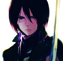  1girl black_hair blade blue_eyes blurry cuts depth_of_field face hair_between_eyes injury lechuza lowres mikasa_ackerman serious shingeki_no_kyojin short_hair solo 