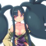  1girl bare_shoulders black_hair breasts cleavage collarbone extra_mouth eyelashes frown japanese_clothes kimono living_hair long_hair mawile mega_pokemon naso4 off_shoulder open_kimono payot personification pokemon pokemon_(game) pokemon_xy solo violet_eyes 