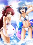  2girls ball beachball bikini blue_eyes blue_hair highres innertube kuromayu kyubey long_hair mahou_shoujo_madoka_magica miki_sayaka multiple_girls ponytail red_eyes redhead sakura_kyouko short_hair swimsuit v wink 