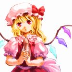  1girl ascot blonde_hair bow expressionless faux_traditional_media flandre_scarlet hands_clasped hat hat_bow puffy_short_sleeves puffy_sleeves red_eyes ryo02055 short_hair short_sleeves solo touhou white_background wings 