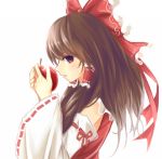  1girl apple bow brown_eyes brown_hair detached_sleeves food fruit hair_bow hakurei_reimu highres japanese_clothes miko open_mouth solo touhou white white_background x&amp;x&amp;x 