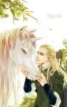  1boy blonde_hair blue_eyes cape character_name elf horse leftlevine legolas long_hair lord_of_the_rings pointy_ears quiver 
