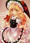  1girl absurdres blonde_hair bow braid dress dress_lift frills hair_bow hat highres kirisame_marisa long_hair ribbon sachi_(artist) smile solo star touhou witch_hat yellow_eyes 