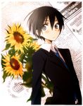  1boy black_eyes black_hair flower formal kirito male short_hair suit sunflower sword_art_online tsukimori_usako 