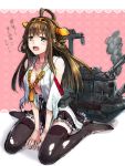  1girl ahoge black_eyes braided_hair breasts brown_hair damaged detached_sleeves hairband japanese_clothes kantai_collection kongou_(kantai_collection) long_hair machinery open_clothes open_mouth open_shirt personification sitting smoke solo sweatdrop thighhighs torn_clothes turret wariza yurossan 