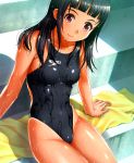  1girl black_hair competition_swimsuit highleg highleg_swimsuit highres kuri_(kurigohan) long_hair one-piece_swimsuit original red_eyes speedo_(company) swimsuit towel wet 