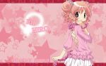  1girl aozora_(syun8823) brown_eyes character_name choker double_bun frills hidamari_sketch highres hiro long_sleeves looking_back open_back pink_hair scrunchie smile solo star starry_background wallpaper wavy_hair 