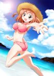  1girl barefoot beach bikini blush happy hat hataraku_maou-sama! highres leg_up orange_eyes orange_hair sasaki_chiho short_hair sky solo swimsuit water yokoshima_(euphoria) 