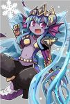  1girl armor blue_hair demon_girl dollar frost_demon_(p&amp;d) head_fins ice ice_wings midriff navel polearm purple_skin puzzle_&amp;_dragons red_eyes solo tail trident water weapon wings 