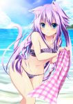  1girl akira_oto animal_ears bikini blue_eyes braid cat_ears highres long_hair original purple_hair swimsuit tail twin_braids 