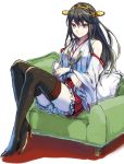  1girl black_hair detached_sleeves hairband haruna_(kantai_collection) japanese_clothes kantai_collection long_hair personification pillow sitting solo thighhighs violet_eyes yurossan 