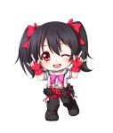  1girl ;d \m/ black_hair blush boots bow chibi choker cross-laced_footwear hair_bow highres kuena lace-up_boots leg_garter love_live!_school_idol_project nico_nico_nii open_mouth red_eyes smile solo twintails wink yazawa_nico 
