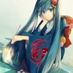  1girl aqua_eyes aqua_hair fireworks flower hair_ornament hatsune_miku japanese_clothes kimono kurosawalena long_hair smile solo twintails vocaloid yukata 