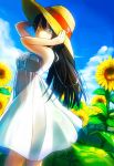  1girl black_hair dress eri_(resia) flower green_eyes long_hair original sky solo sunflower 