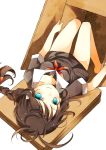  1girl aqua_eyes ascot box braid brown_hair collarbone dutch_angle highres in_box in_container kantai_collection looking_at_viewer oh_mashiro sailor shigure_(kantai_collection) smile solo upside-down white_background 