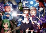  6+girls animal_ears bag bamboo_broom blonde_hair blue_eyes blue_hair blush bow broom brown_eyes brown_hair clouds dress flashlight flower food full_moon ghost_tail green_dress green_eyes green_hair hair_bobbles hair_bow hair_ornament handbag hat heterochromia hitodama japanese_clothes jiangshi karakasa_obake kasodani_kyouko kisume maribel_hearn miyako_yoshika moon multiple_girls necktie night night_sky ofuda open_mouth outstretched_arms pink_hair red_eyes ribbon saigyouji_yuyuko short_hair skirt sky smile soga_no_tojiko star takoyaki tatara_kogasa tate_eboshi touhou triangular_headpiece tsurukou_(tksymkw) twintails umbrella usami_renko 