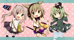  3girls brown_hair chibi dress earmuffs ghost_tail green_dress green_eyes green_hair hat japanese_clothes kariginu mononobe_no_futo multiple_girls open_mouth ponytail short_hair silver_hair skirt sleeveless smile soga_no_tojiko tamagogayu1998 tate_eboshi touhou toyosatomimi_no_miko 