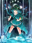  1girl bike_shorts blue_eyes blue_hair boots goggles goggles_on_hat hair_bobbles hair_ornament hat highres kawashiro_nitori key neo-masterpeacer open_mouth solo touhou water 