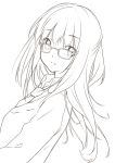  1girl absurdres bust dutch_angle glasses highres lineart long_hair looking_at_viewer looking_back monochrome nana_mikoto necktie original parted_lips school_uniform solo 