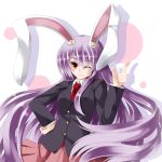  1girl absurdly_long_hair animal_ears colored fuyuno_taka hand_on_hip long_hair looking_at_viewer monochrome necktie purple_hair rabbit_ears red_eyes reisen_udongein_inaba smile solo touhou very_long_hair wink 