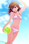  1girl arm_up ball beachball bikini blush brown_hair gekota looking_at_viewer misaka_mikoto ocean open_mouth shian_(my_lonly_life.) shiny shiny_skin sky solo summer swimsuit to_aru_kagaku_no_railgun to_aru_majutsu_no_index wet 