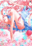  1girl ama_nocchi barefoot blue_eyes breasts dress flower gundam gundam_seed haro lacus_clyne long_hair pink_hair smile solo 