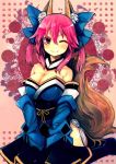  1girl animal_ears bare_shoulders bow breasts caster_(fate/extra) cleavage detached_sleeves fate_(series) fox_ears fox_tail hair_bow hair_ribbon kimiterary pink_hair ribbon solo tail thighhighs twintails wink yellow_eyes 