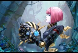  1girl ball blue_eyes gears league_of_legends orianna_reveck pale_skin pepsimen pink_hair robot robot_joints short_hair solo spikes winding_key 