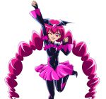  1girl ;p arm_up bad_end_happy bad_end_precure bodysuit clothed_navel dress fingerless_gloves gloves long_hair pink_dress pink_eyes pink_hair precure sinko_(sinsin) skirt smile_precure! solo standing_on_one_leg tongue twintails white_background wink 