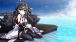  1girl ahoge battleship blue_eyes boat braided_hair brown_hair detached_sleeves hairband highres japanese_clothes kantai_collection kongou_(kantai_collection) ocean personification sky sleeves_past_wrists solo thigh-highs vane water 