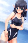  1girl adjusting_clothes adjusting_swimsuit aqua_eyes bangs bare_shoulders black_hair blue_swimsuit blunt_bangs blush clothed_navel competition_swimsuit eto hand_on_stomach highleg highleg_swimsuit highres long_hair long_pointy_ears looking_at_viewer lumia_swimwear mound_of_venus one-piece_swimsuit pointy_ears seductive_smile small_breasts smile solo standing swimsuit wading water 