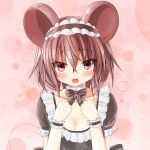  1girl 5240mosu alternate_costume animal_ears blush bow collarbone dress enmaided grey_dress grey_hair highres looking_at_viewer maid maid_headdress mouse_ears nazrin open_mouth puffy_sleeves red_eyes ribbon_choker short_sleeves solo touhou wrist_cuffs 