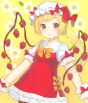  1girl acidear alternate_wings blonde_hair blush bow dress flandre_scarlet food fruit hat hat_bow highres long_hair red_eyes side_ponytail solo strawberry touhou wings wrist_cuffs 