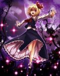  1girl blonde_hair fafuner hair_ribbon highres open_mouth outstretched_arms red_eyes ribbon rumia short_hair skirt solo touhou 