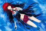  1girl blue_eyes high_school_dxd long_hair lying navel necktie panties partially_submerged redhead rias_gremory school_uniform smile solo underwear water wet wet_clothes 