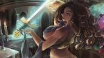  breasts brown_eyes brown_hair candle character_name character_request dark_skin dragon&#039;s_crown highres huge_breasts ichiba_youichi long_hair morgan_(dragon&#039;s_crown) solo sword weapon 