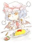  1girl ascot bat_wings blue_hair chair closed_eyes commentary_request dress food fork hat hat_ribbon maru_usagi omurice pink_dress plate pout puffy_sleeves remilia_scarlet ribbon short_sleeves sitting solo spoon table touhou translated uu~ wings 
