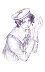  1boy hat jojo_no_kimyou_na_bouken jojolion kira_yoshikage_(jojolion) monochrome sailor sailor_hat solo zishanjiang 