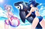  2girls ball beachball bikini blue_eyes blue_hair braid competition_swimsuit decchi_oyabun dolphin hair_bun inflatable_toy long_hair multiple_girls one-piece_swimsuit original red_eyes short_hair silver_hair swimsuit 