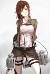  1girl blood brown_eyes brown_hair highres jacket koyaya licking looking_at_viewer ponytail sasha_browse shingeki_no_kyojin solo sword thigh_strap three-dimensional_maneuver_gear tongue weapon 