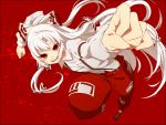  1girl blurry bow depth_of_field foreshortening fujiwara_no_mokou hair_bow highres long_hair open_mouth pants red_background red_eyes ribbon silver_hair smile solo suspenders touhou undertime white_hair 
