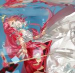  air_bubble alternate_costume asphyxiation bubble card cosplay crown dress drowning highres long_hair megurine_luka open_mouth pink_hair princess queen_of_hearts_(cosplay) reflection solo staff underwater vocaloid water water_surface weapon xiayu93 
